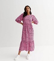 New Look Petite Pink Leopard Print Puff Sleeve Midi Smock Dress